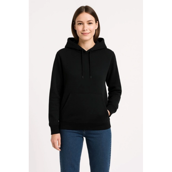 Üç İplik Kapüşonlu Kanguru Çepli SweatShirt Hoodie - Siyah
