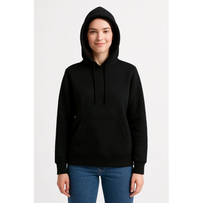 Üç İplik Kapüşonlu Kanguru Çepli SweatShirt Hoodie - Siyah