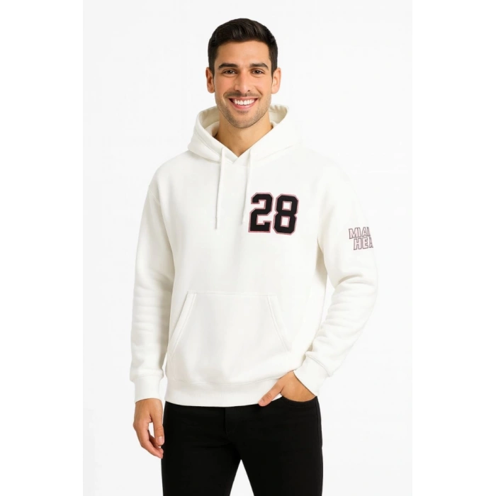 Üç İplik Kapüşonlu Ön Ve Arka Baskılı SweatShirt Hoodie - Beyaz