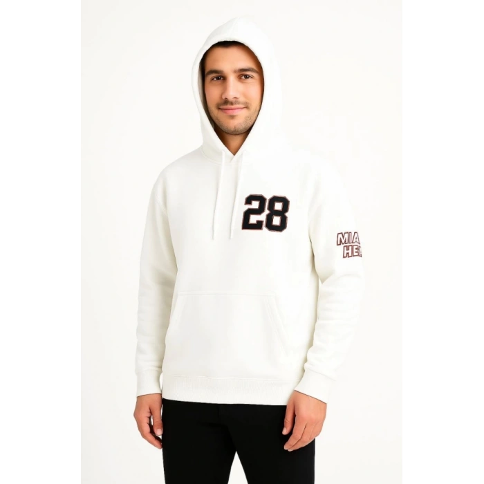 Üç İplik Kapüşonlu Ön Ve Arka Baskılı SweatShirt Hoodie - Beyaz