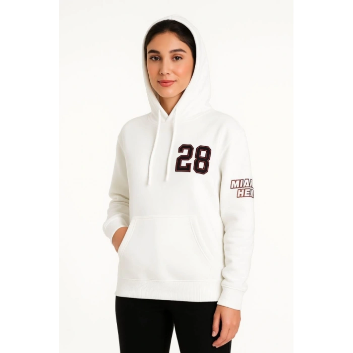 Üç İplik Kapüşonlu Ön Ve Arka Baskılı SweatShirt Hoodie - Beyaz