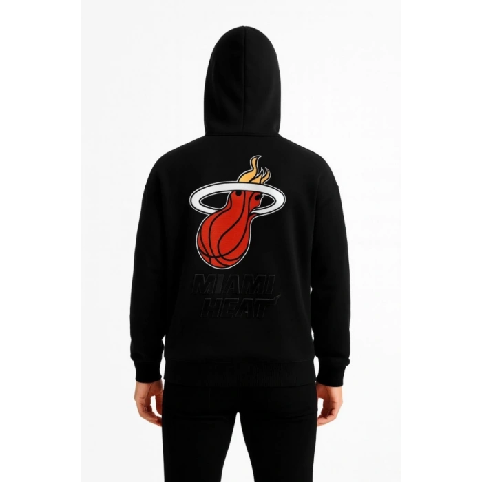 Üç İplik Kapüşonlu Ön Ve Arka Baskılı SweatShirt Hoodie - Siyah