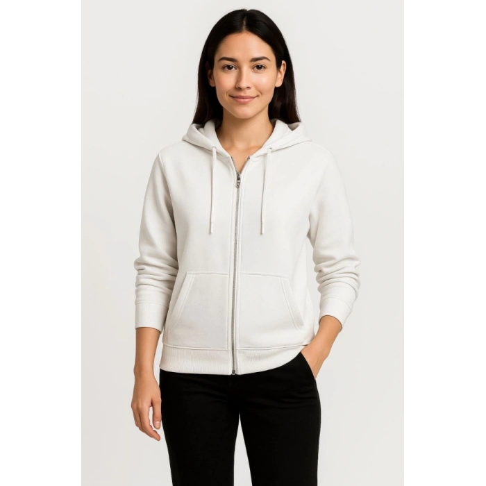 Üç İplik Kapüşonlu Tam Fermuarlı Kanguru Çepli SweatShirt Hoodie - Beyaz