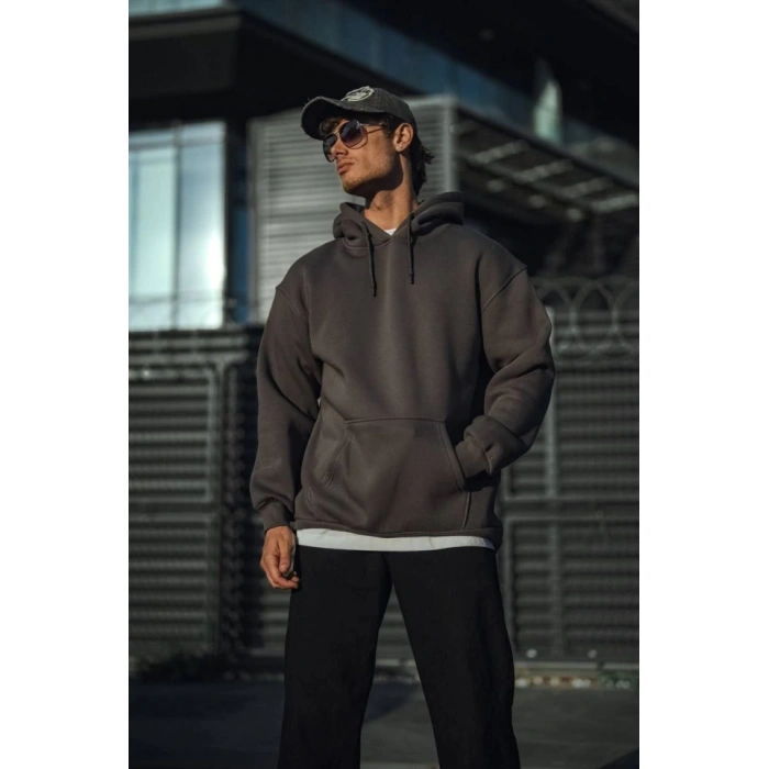 Üç İplik Penye Kapşonlu Basic SweatShirt - Antrasit