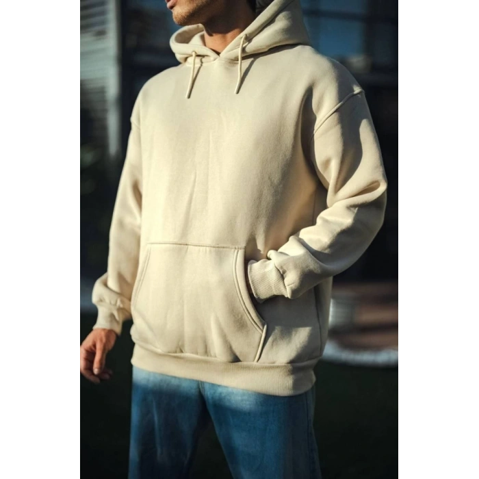 Üç İplik Penye Kapşonlu Basic SweatShirt - Bej