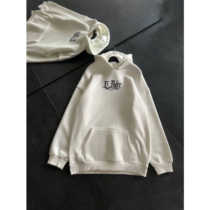 Üç İplik Penye Uzun Kol Kapşonlu Baskılı SweatShirt - Beyaz