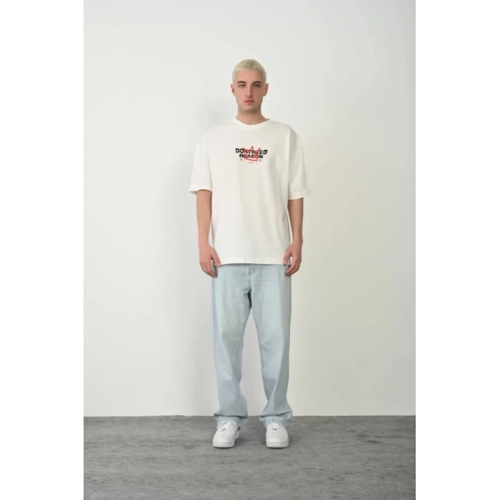 Unisex Baskılı Bisiklet Yaka Oversize T-Shirt - Beyaz