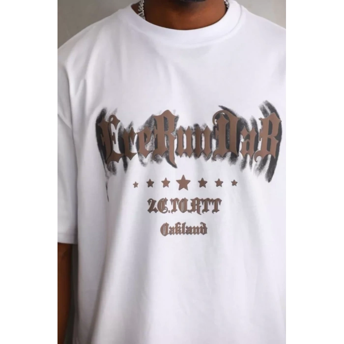 Unisex Baskılı Oversize T-Shirt - Beyaz