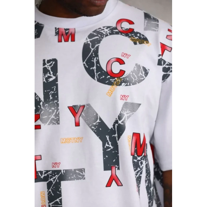 Unisex Baskılı Oversize T-Shirt - Beyaz