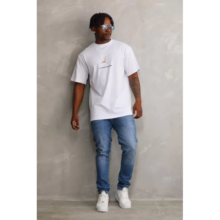Unisex Baskılı Oversize T-Shirt - Beyaz
