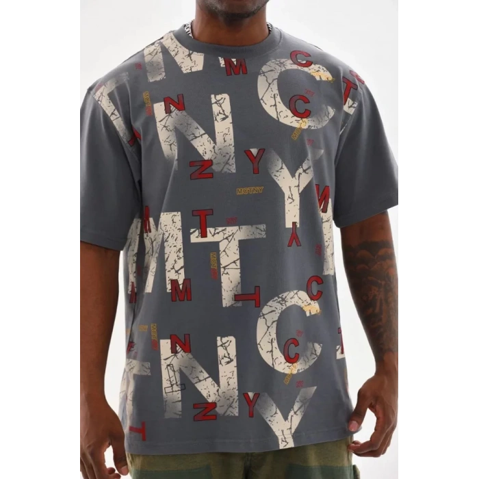 Unisex Baskılı Oversize T-Shirt - Füme