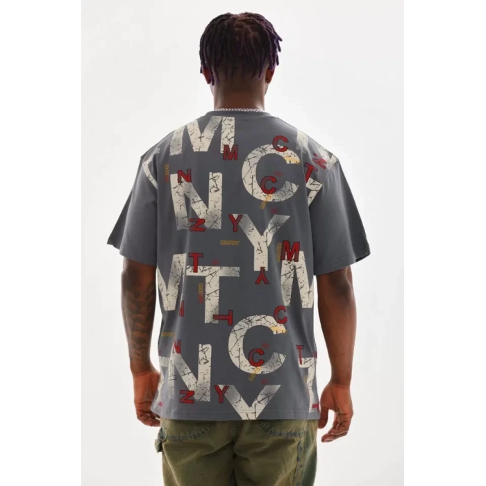 Unisex Baskılı Oversize T-Shirt - Füme