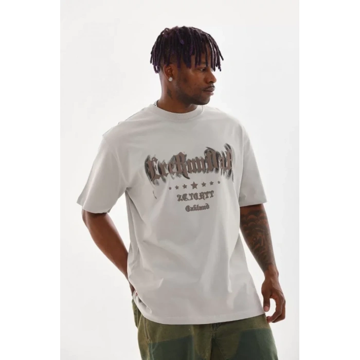 Unisex Baskılı Oversize T-Shirt - Gri