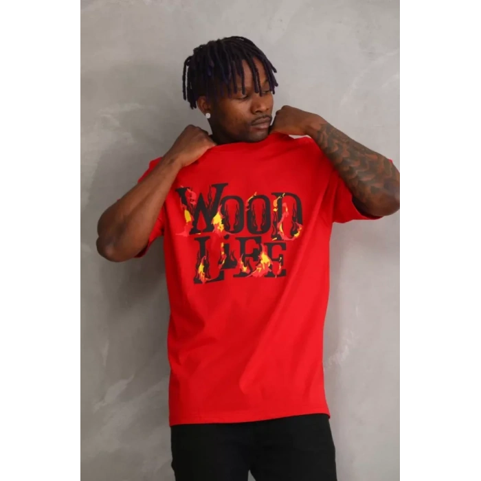 Unisex Baskılı Oversize T-Shirt - Kırmızı