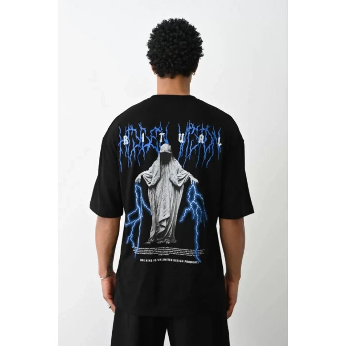 Unisex Baskılı Oversize T-Shirt - Siyah