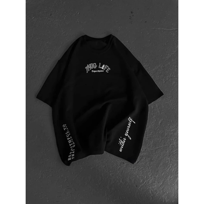 Unisex Baskılı Oversize T-Shirt - Siyah