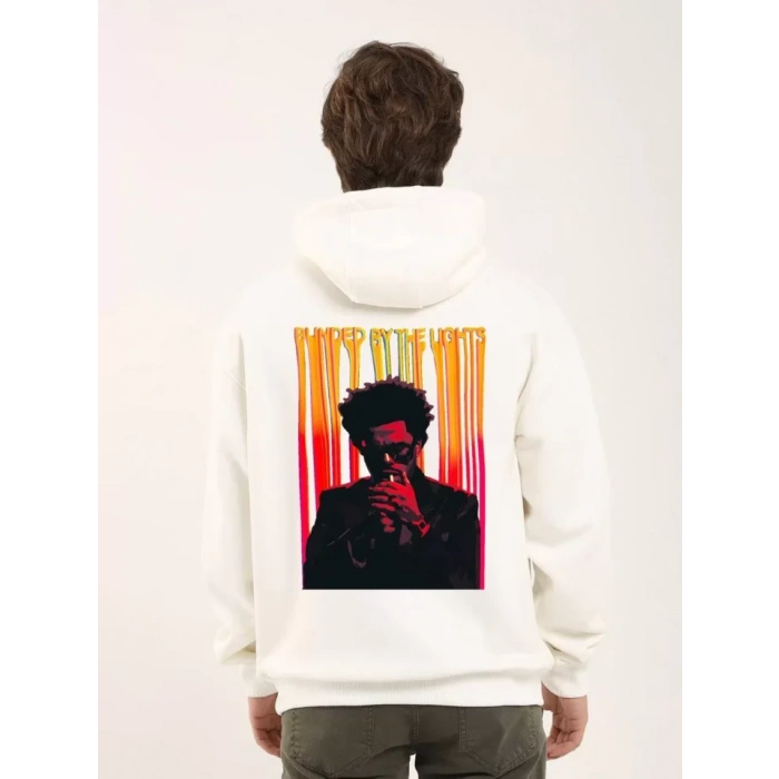 Unisex Baskılı Oversize Üç İplik Kapüşonlu Sweatshirt - Beyaz