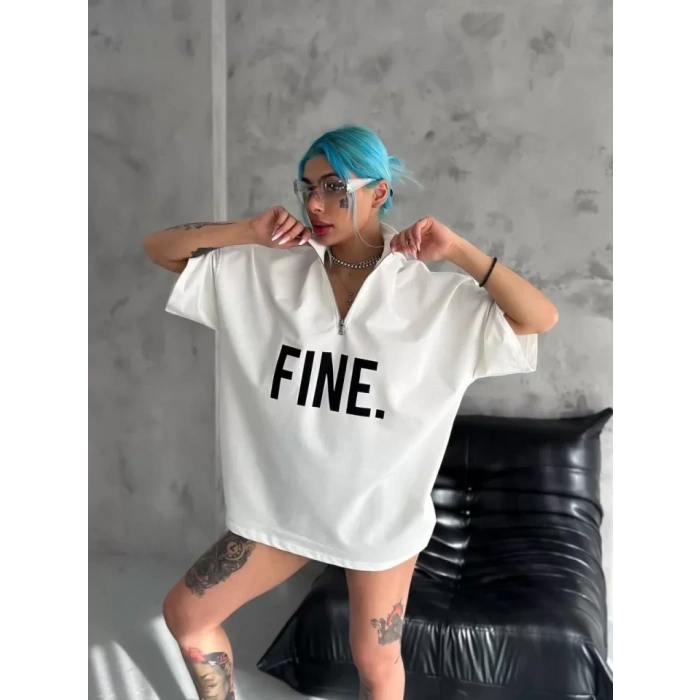 Unisex Baskılı Yarım Fermuarlı T-Shirt - Beyaz