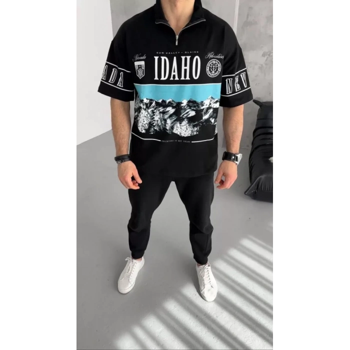 Unisex Baskılı Yarım Fermuarlı T-Shirt - Siyah