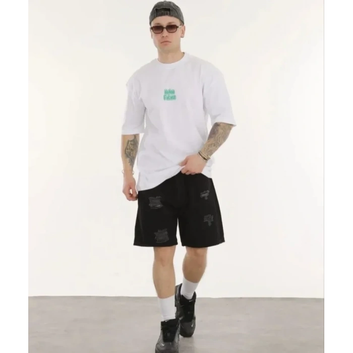 Unisex Bisiklet Yaka Baskılı Oversize T-Shirt - Beyaz