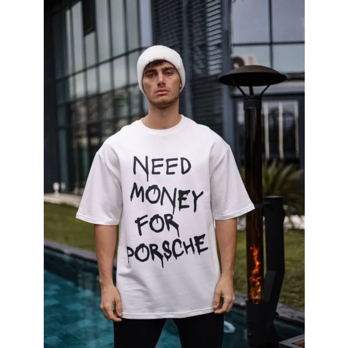 Unisex Bisiklet Yaka Baskılı Oversize T-Shirt - Beyaz