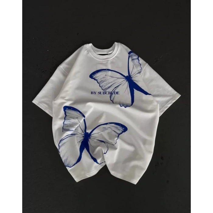 Unisex Bisiklet Yaka Baskılı Oversize T-Shirt - Beyaz