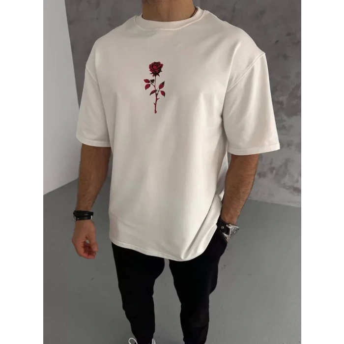 Unisex Bisiklet Yaka Baskılı Oversize T-Shirt - Beyaz