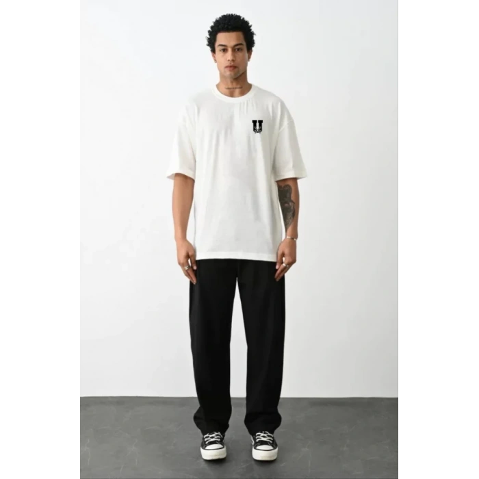 Unisex Bisiklet Yaka Baskılı Oversize T-Shirt - Beyaz