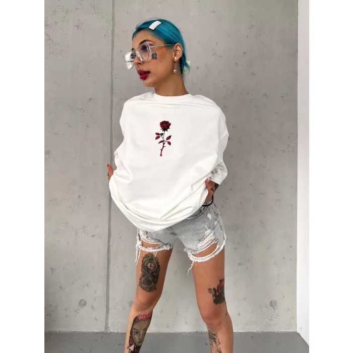 Unisex Bisiklet Yaka Baskılı Oversize T-Shirt - Beyaz