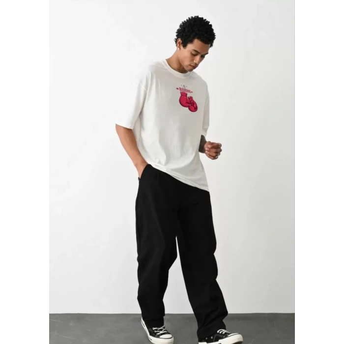 Unisex Bisiklet Yaka Baskılı Oversize T-Shirt - Beyaz