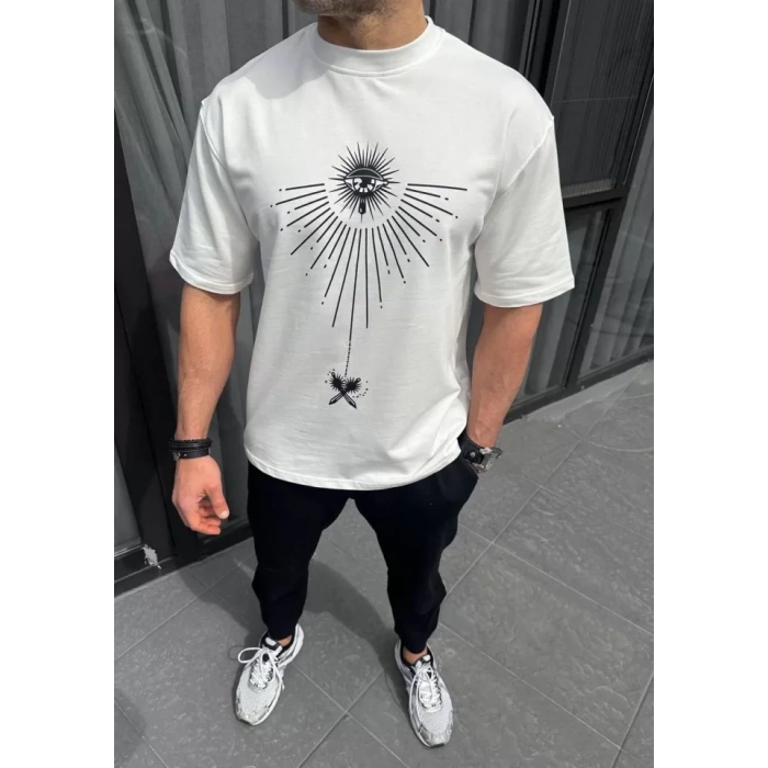 Unisex Bisiklet Yaka Baskılı Oversize T-Shirt - Beyaz