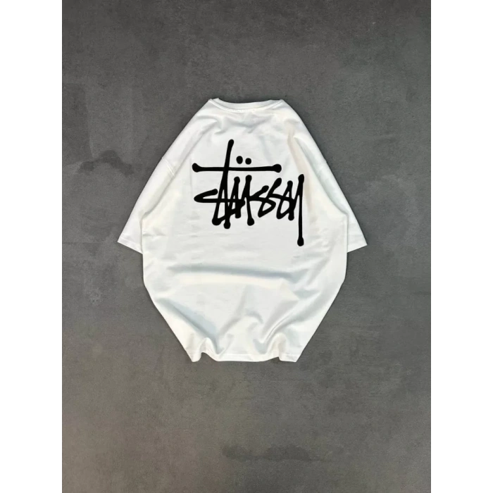 Unisex Bisiklet Yaka Baskılı Oversize T-Shirt - Beyaz