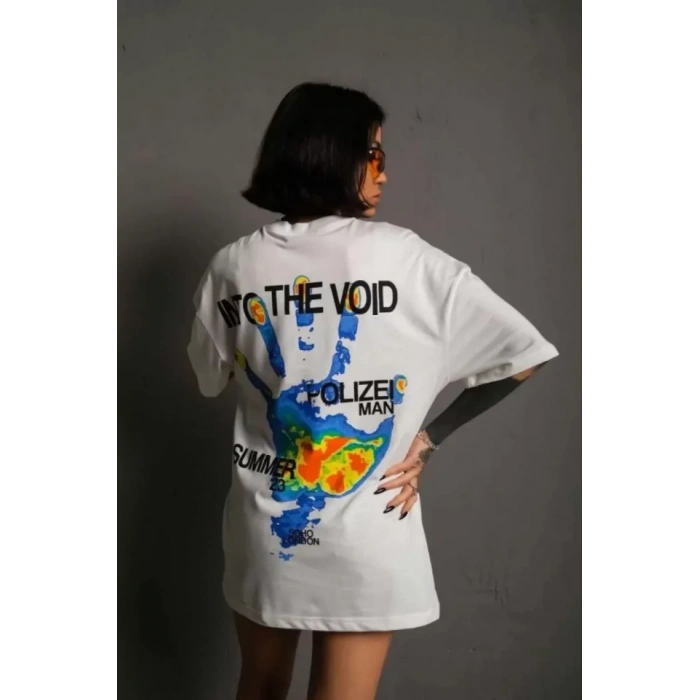 Unisex Bisiklet Yaka Baskılı Oversize T-Shirt - Beyaz