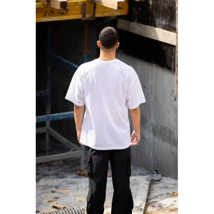 Unisex Bisiklet Yaka Baskılı Oversize T-Shirt - Beyaz