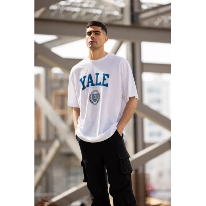 Unisex Bisiklet Yaka Baskılı Oversize T-Shirt - Beyaz