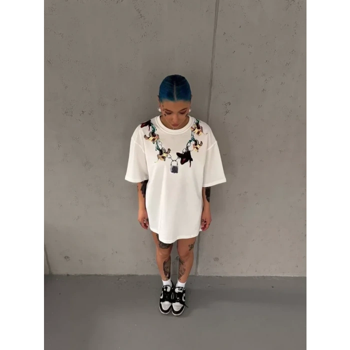 Unisex Bisiklet Yaka Baskılı Oversize T-Shirt - Beyaz