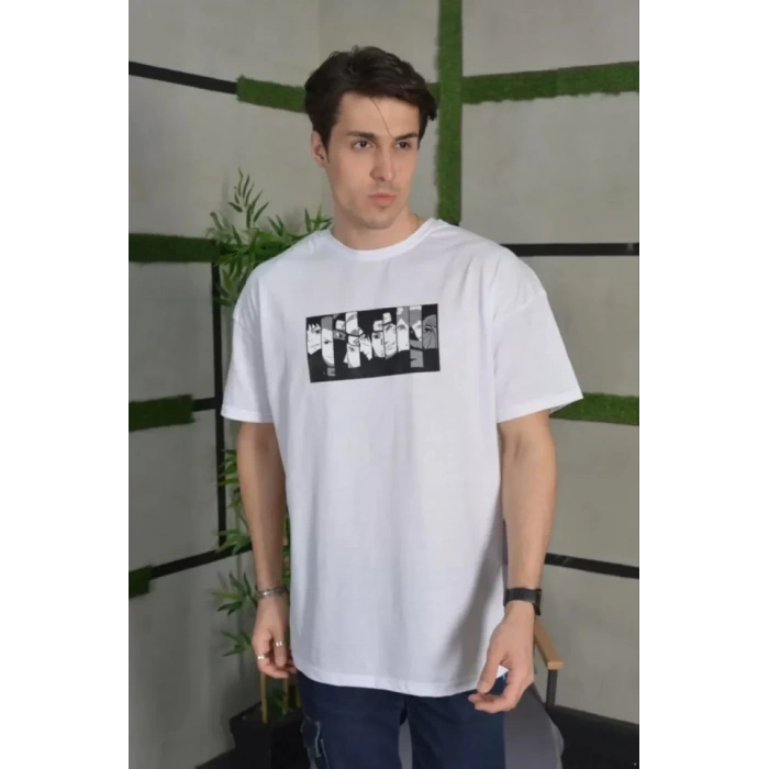 Unisex Bisiklet Yaka Baskılı Oversize T-Shirt - Beyaz