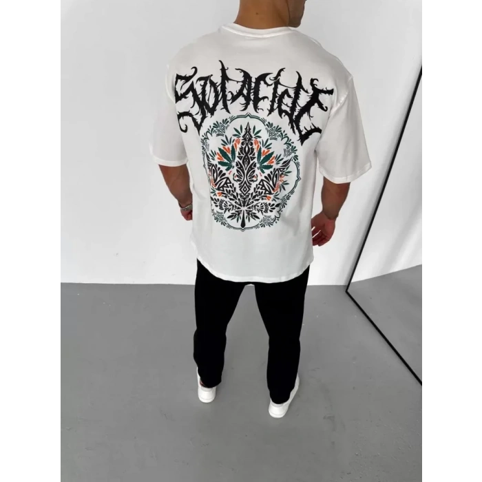 Unisex Bisiklet Yaka Baskılı Oversize T-Shirt - Beyaz