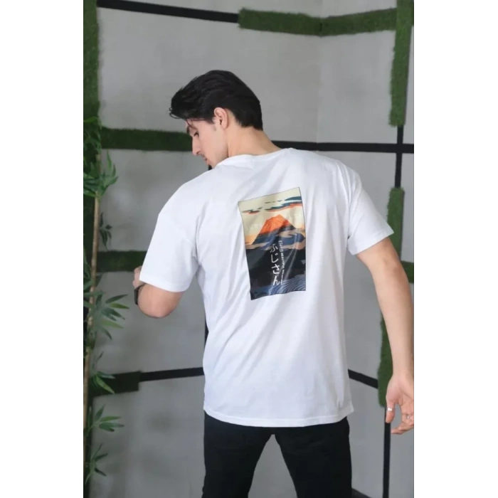 Unisex Bisiklet Yaka Baskılı Oversize T-Shirt - Beyaz