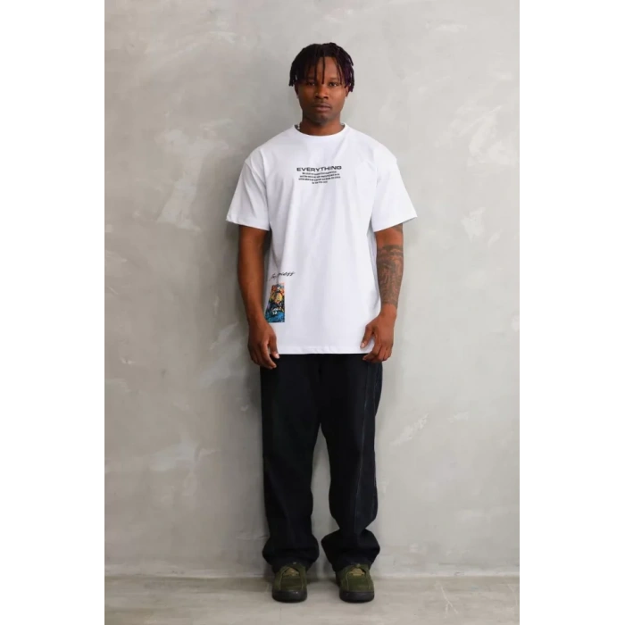 Unisex Bisiklet Yaka Baskılı Oversize T-Shirt - Beyaz