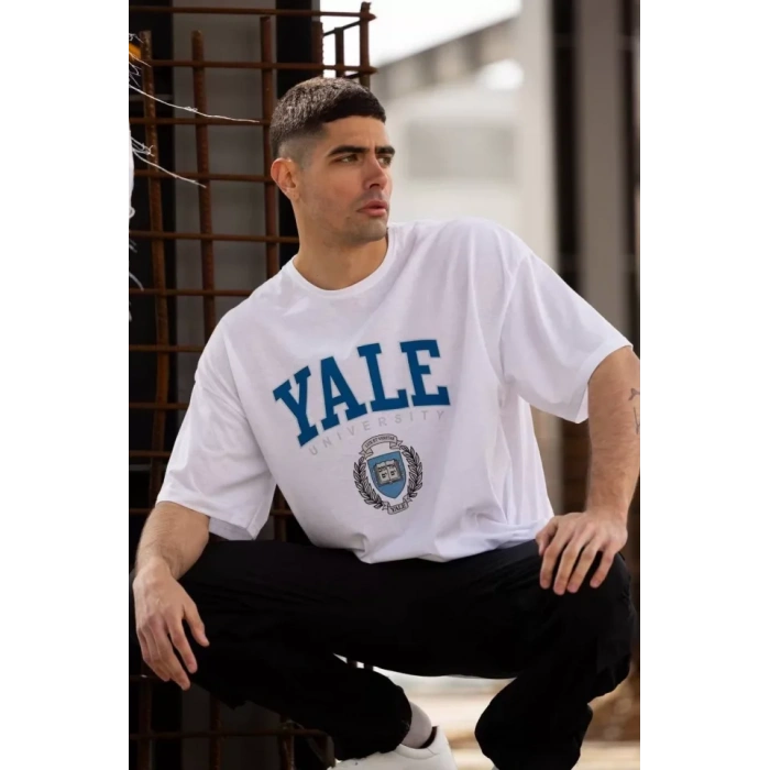 Unisex Bisiklet Yaka Baskılı Oversize T-Shirt - Beyaz