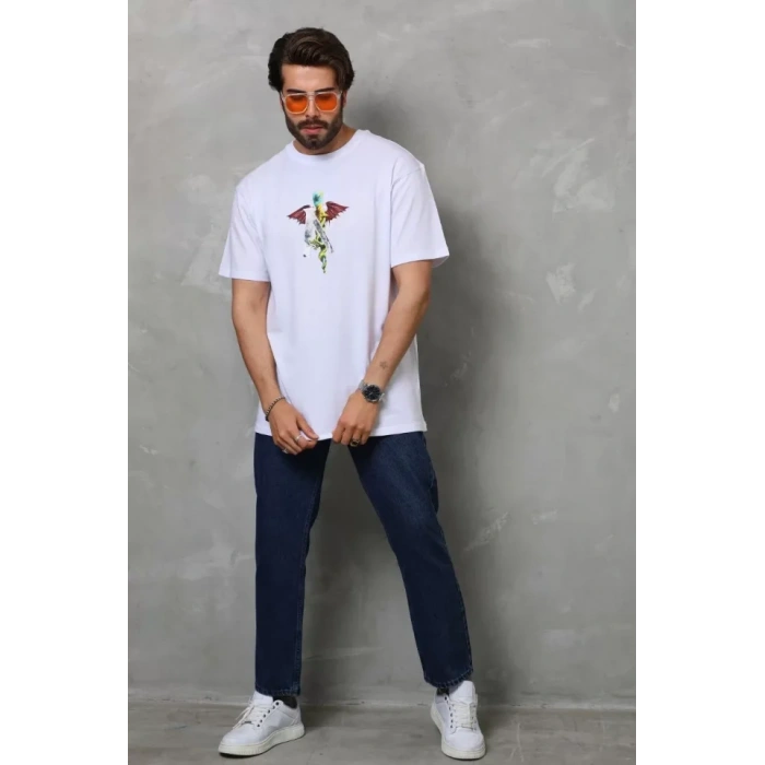 Unisex Bisiklet Yaka Baskılı Oversize T-Shirt - Beyaz