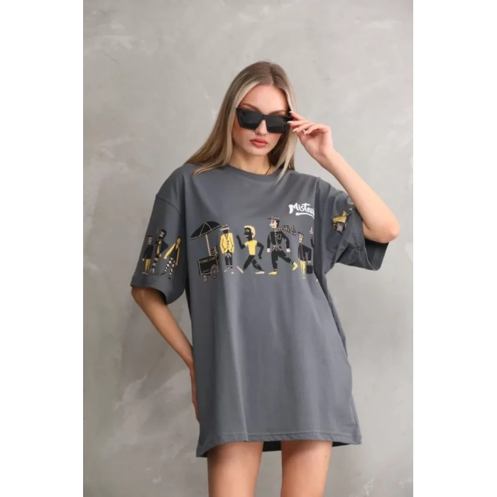 Unisex Bisiklet Yaka Baskılı Oversize T-Shirt - Gri