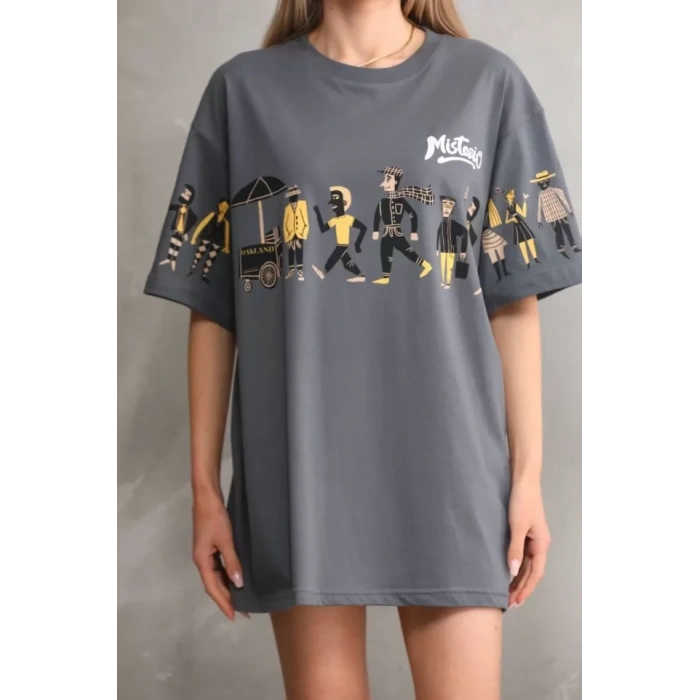 Unisex Bisiklet Yaka Baskılı Oversize T-Shirt - Gri