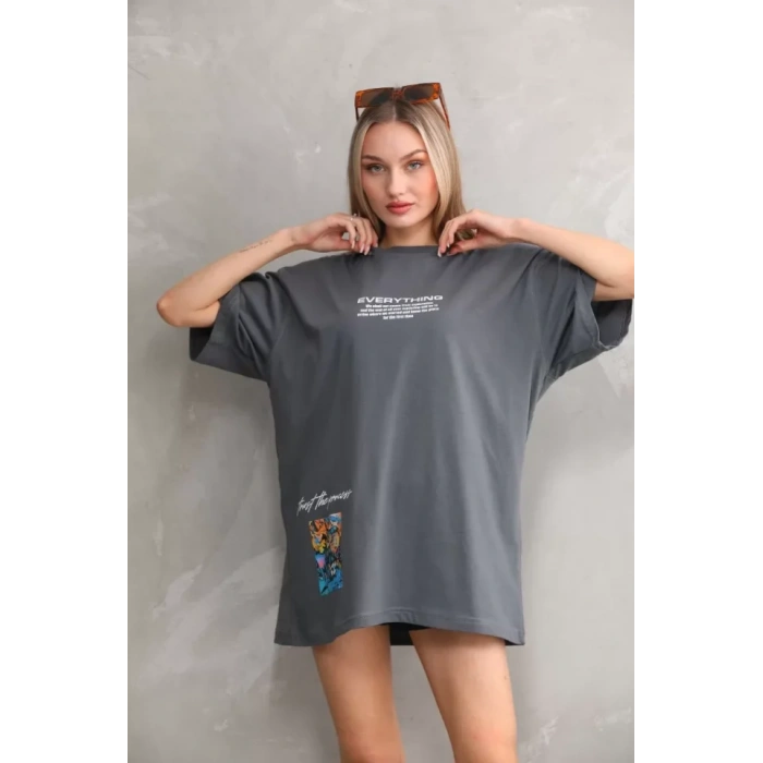 Unisex Bisiklet Yaka Baskılı Oversize T-Shirt - Gri