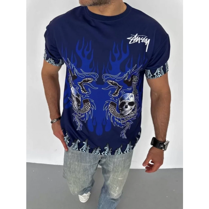 Unisex Bisiklet Yaka Baskılı Oversize T-Shirt - Lacivert