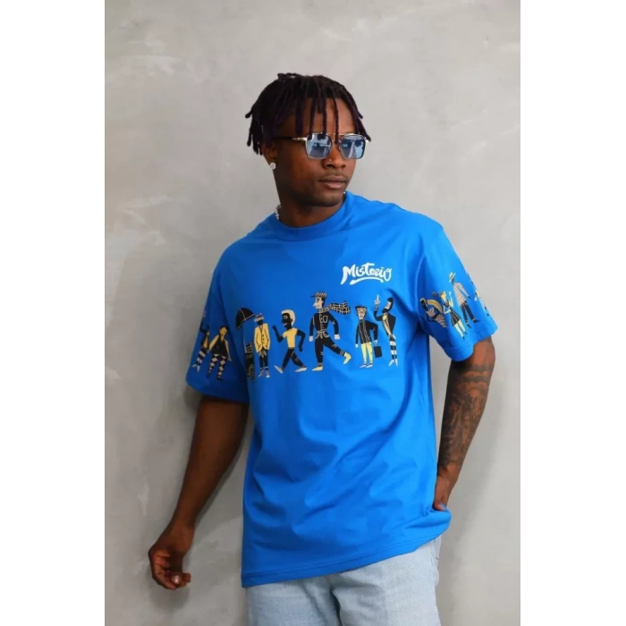 Unisex Bisiklet Yaka Baskılı Oversize T-Shirt - Mavi