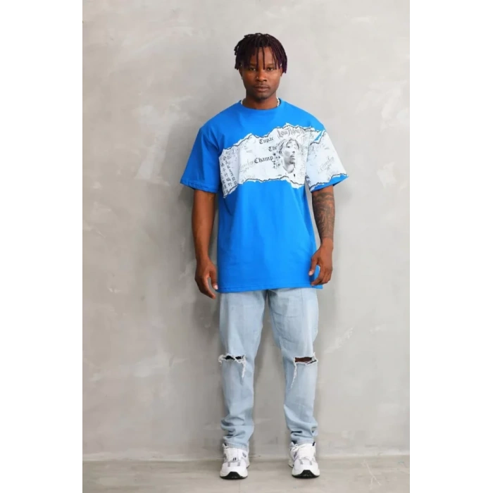 Unisex Bisiklet Yaka Baskılı Oversize T-Shirt - Mavi