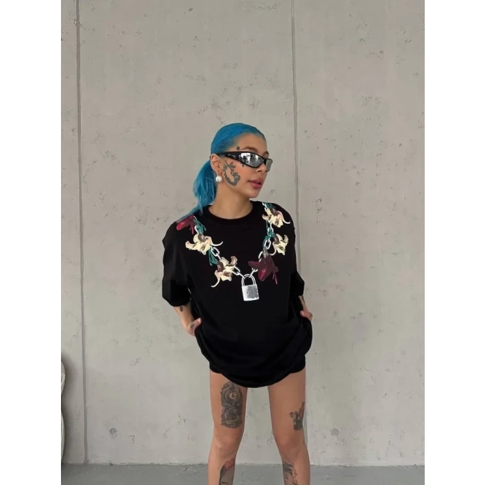 Unisex Bisiklet Yaka Baskılı Oversize T-Shirt - Siyah