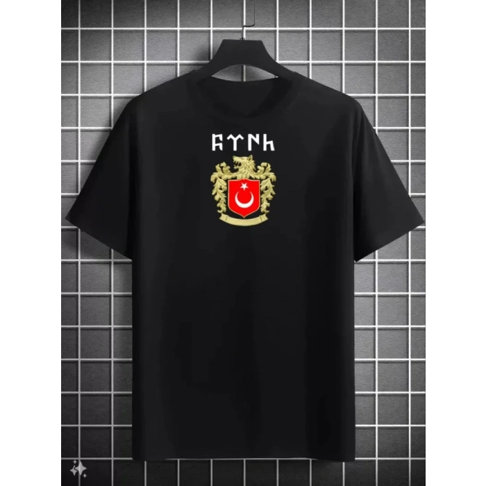 Unisex Bisiklet Yaka Baskılı Oversize T-Shirt - Siyah